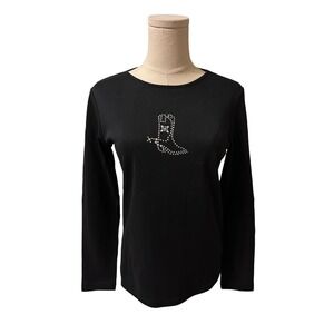 Vintage Black Long Sleeve Rhinestone Cowboy Boot T Shirt Women's Size M